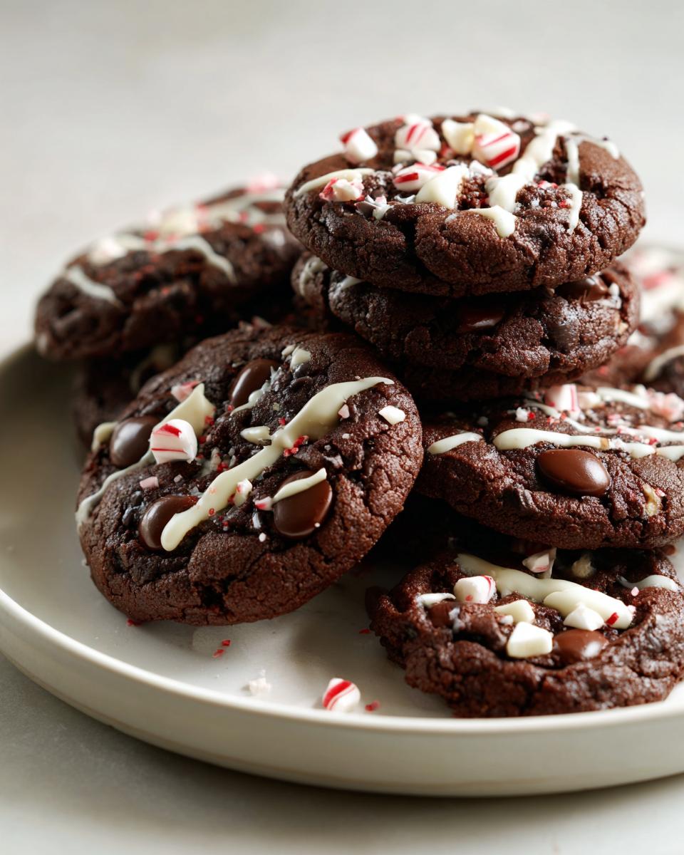 A stack of fudgy double chocolate peppermint cookies drizzled with white chocolate and topped with crushed candy canes.