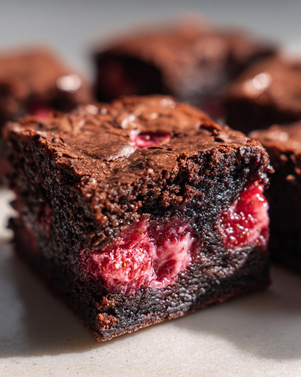 Close-up of a fudgy, dark chocolate strawberry brownies square showing the bright red strawberry filling inside.