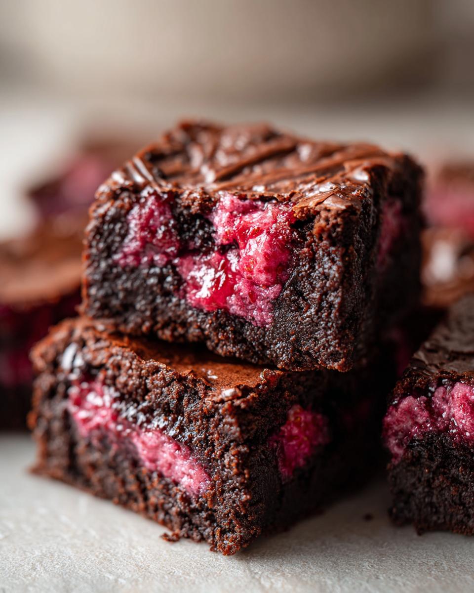 Close-up of two stacked, fudgy strawberry brownies showing a vibrant pink, fruity center.
