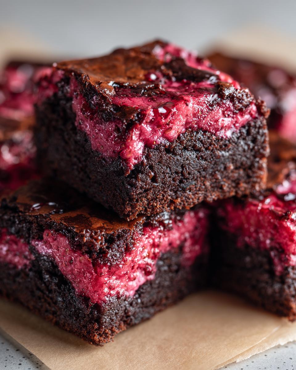 Close-up of stacked, fudgy strawberry brownies showing a thick, bright pink strawberry layer inside.