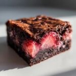 Close-up of a single, fudgy strawberry brownies square showing a thick layer of baked strawberries inside.
