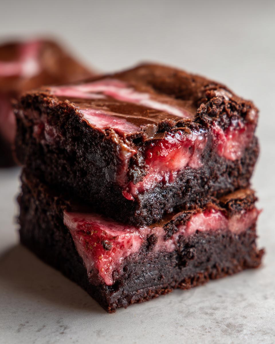 Two fudgy strawberry brownies stacked, showing the rich chocolate base and vibrant strawberry swirl filling.
