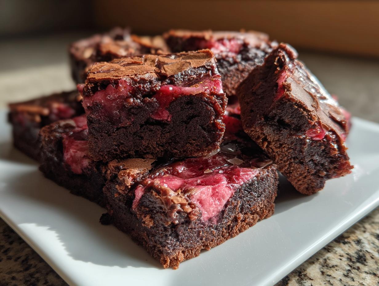 Close-up of several fudgy strawberry brownies stacked on a white plate, showing the dark chocolate base and bright pink strawberry swirl.