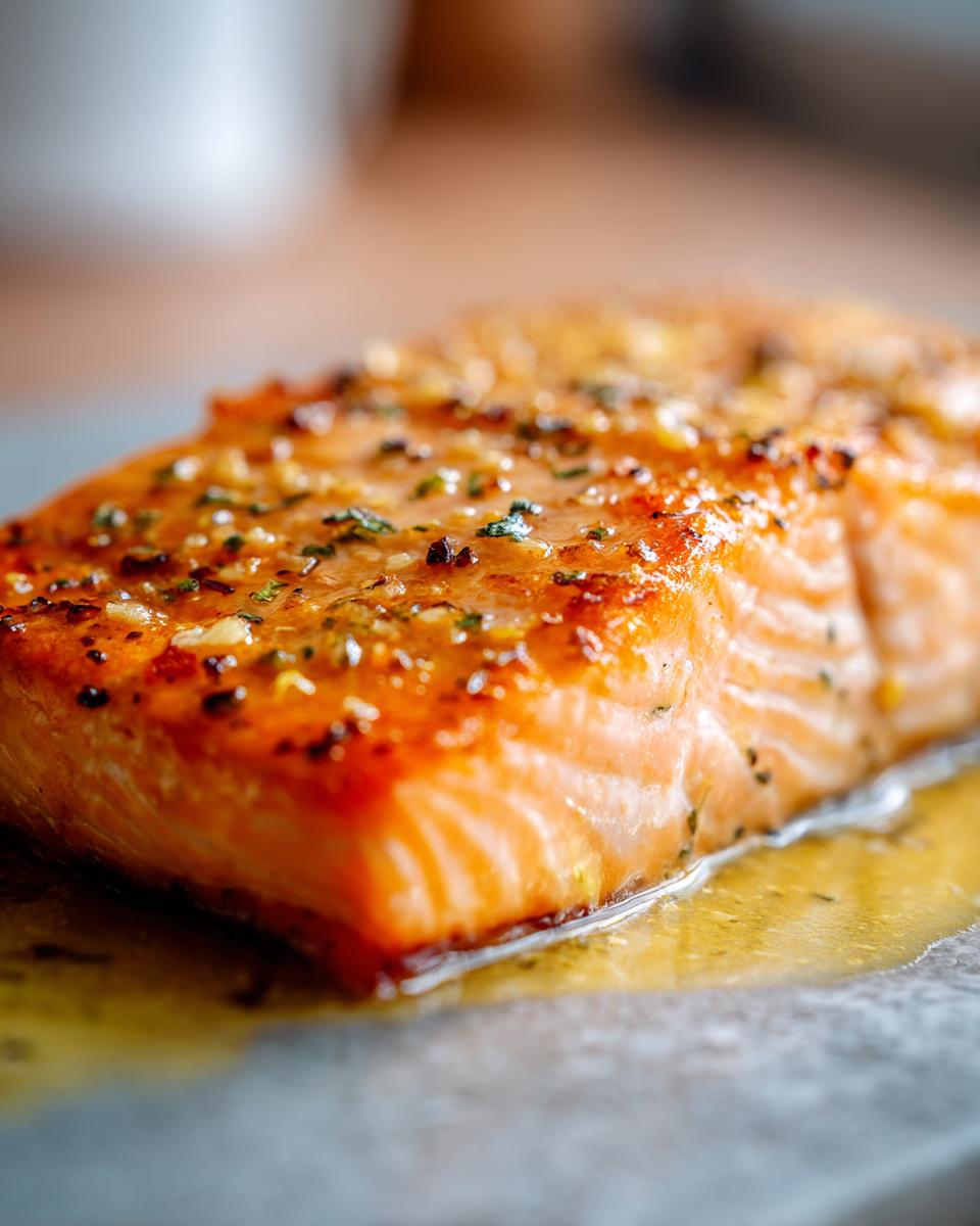 Close-up of a perfectly cooked garlic butter salmon fillet, glistening with glaze and herbs.
