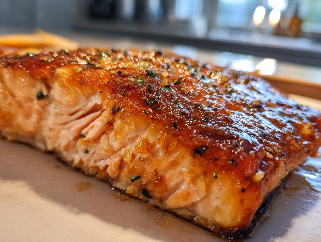 A close-up, macro shot of a perfectly cooked salmon fillet coated in a shiny garlic butter glaze and sprinkled with herbs.