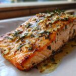 Close-up of a perfectly cooked salmon fillet glazed with garlic butter and fresh herbs.