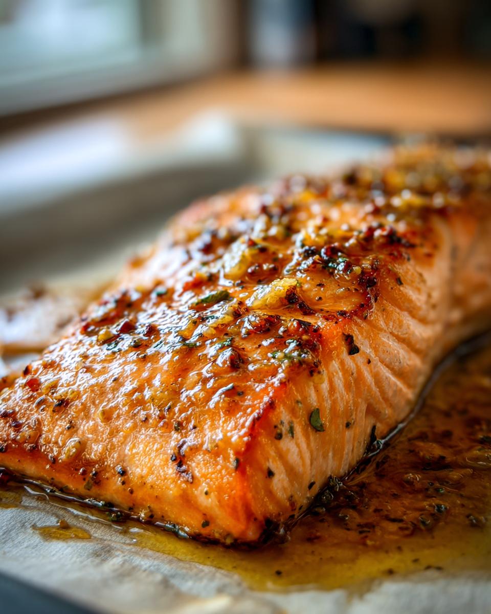 A close-up, appetizing shot of a perfectly cooked garlic butter salmon fillet glistening with sauce.