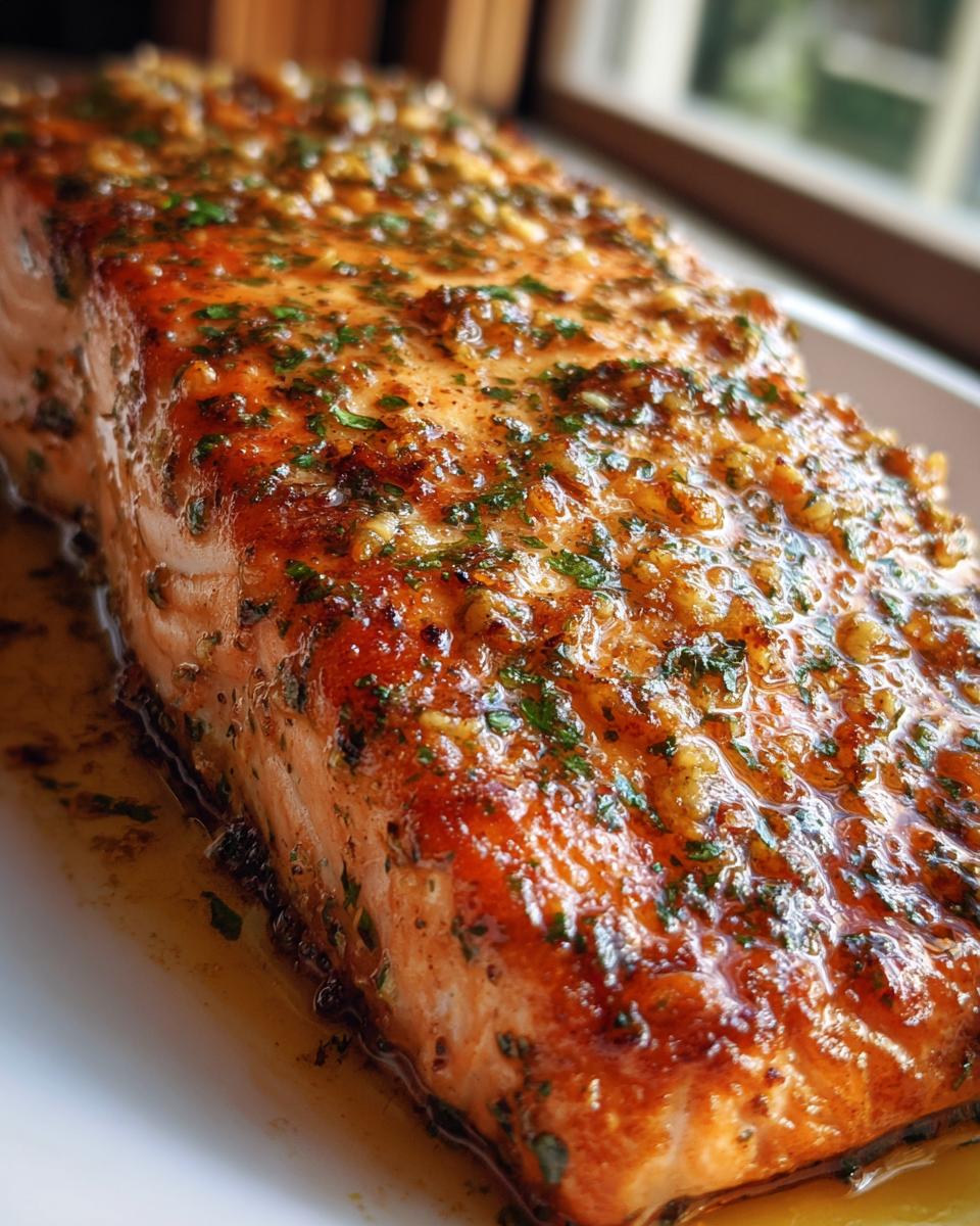 Close-up of a perfectly cooked salmon fillet glazed with garlic butter sauce and fresh parsley.