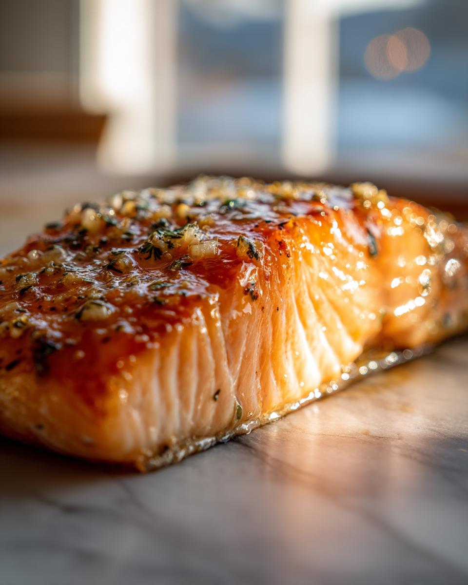 Close-up of a perfectly cooked, glistening garlic butter salmon fillet topped with herbs.