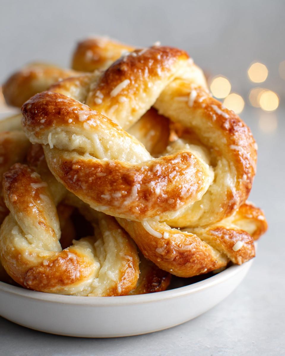 Close-up of golden brown, glazed garlic parmesan knots piled high in a white bowl with soft bokeh lights in the background.