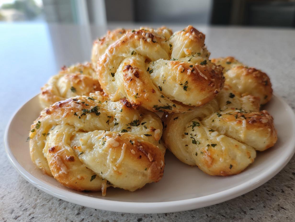 Close-up of several golden brown garlic parmesan knots piled on a white plate, topped with melted cheese and parsley.