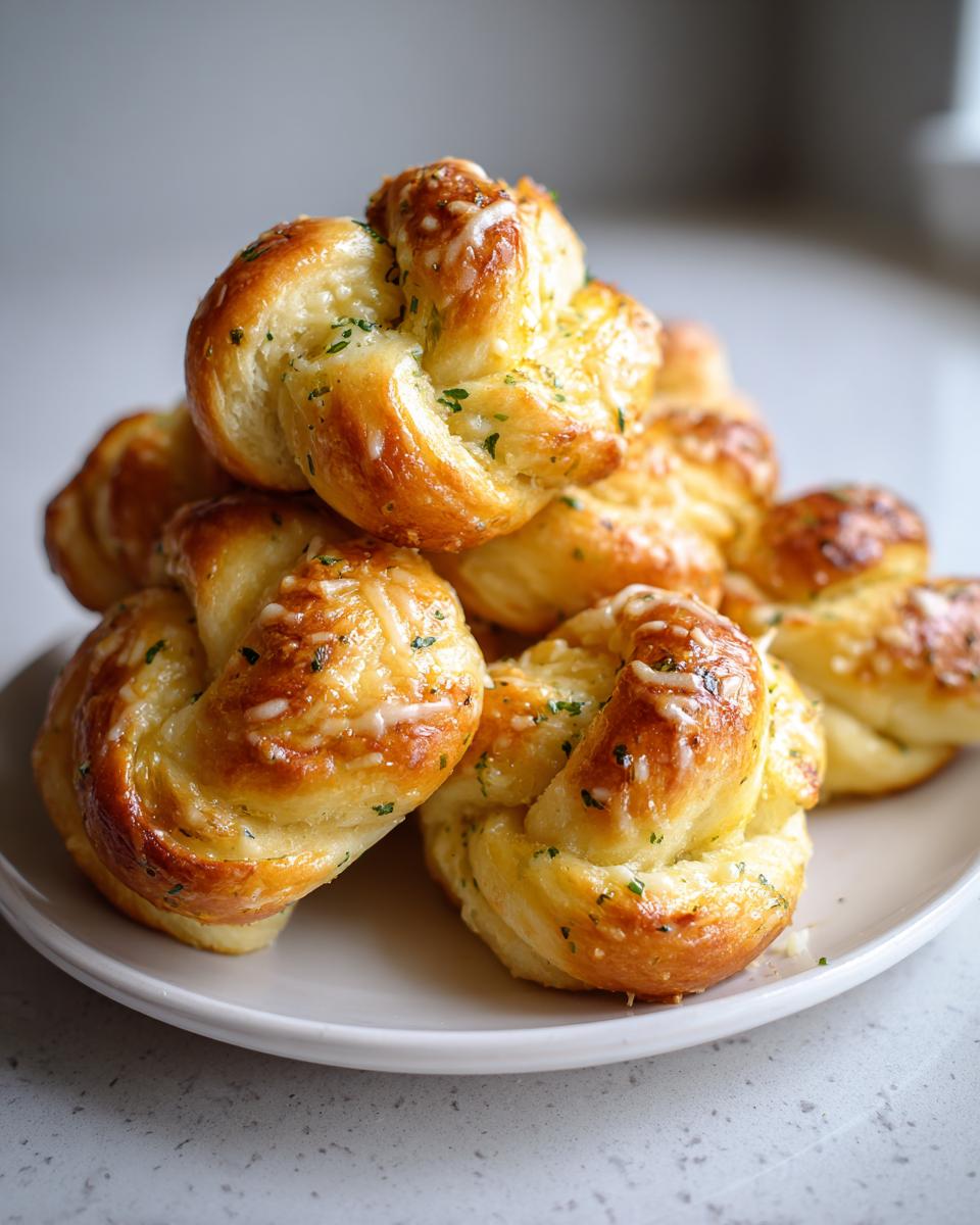 A stack of freshly baked, golden brown garlic parmesan knots glistening with butter and topped with melted cheese and parsley.
