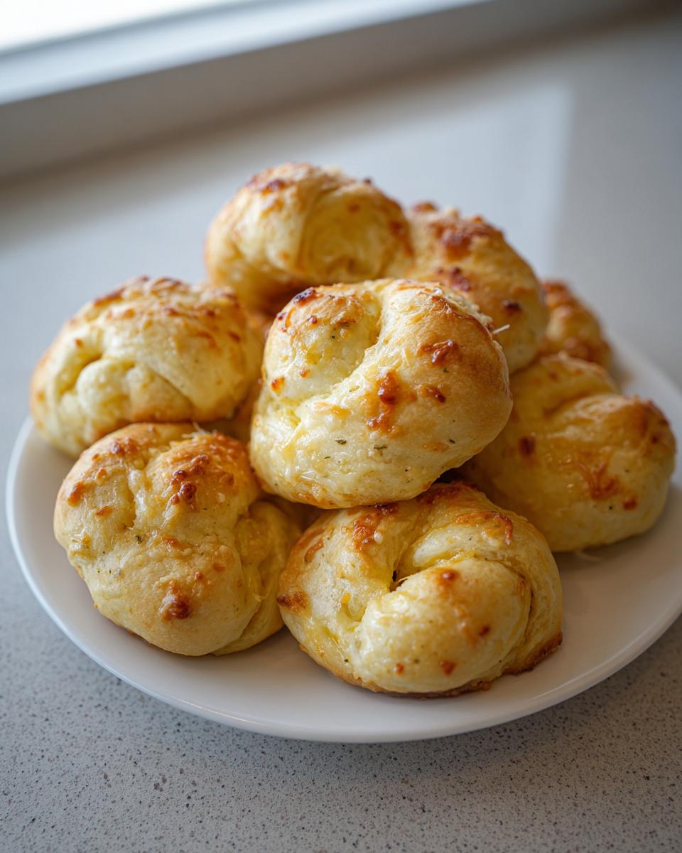 A stack of freshly baked, golden garlic parmesan knots topped with melted cheese, served on a white plate.