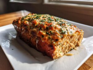 A freshly baked, rectangular Garlic Parmesan meatloaf loaf topped with melted cheese and fresh parsley.
