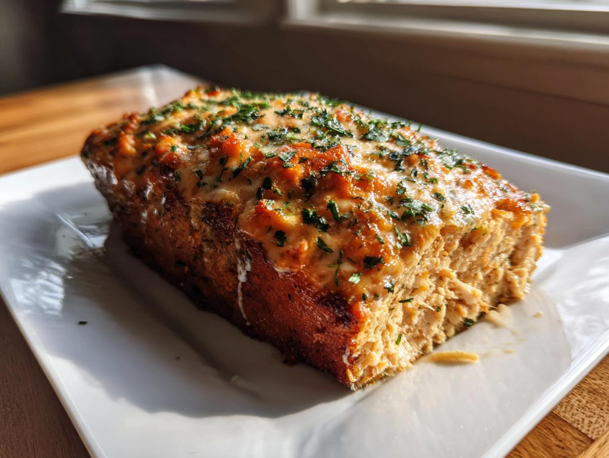 A freshly baked, rectangular Garlic Parmesan meatloaf loaf topped with melted cheese and fresh parsley.