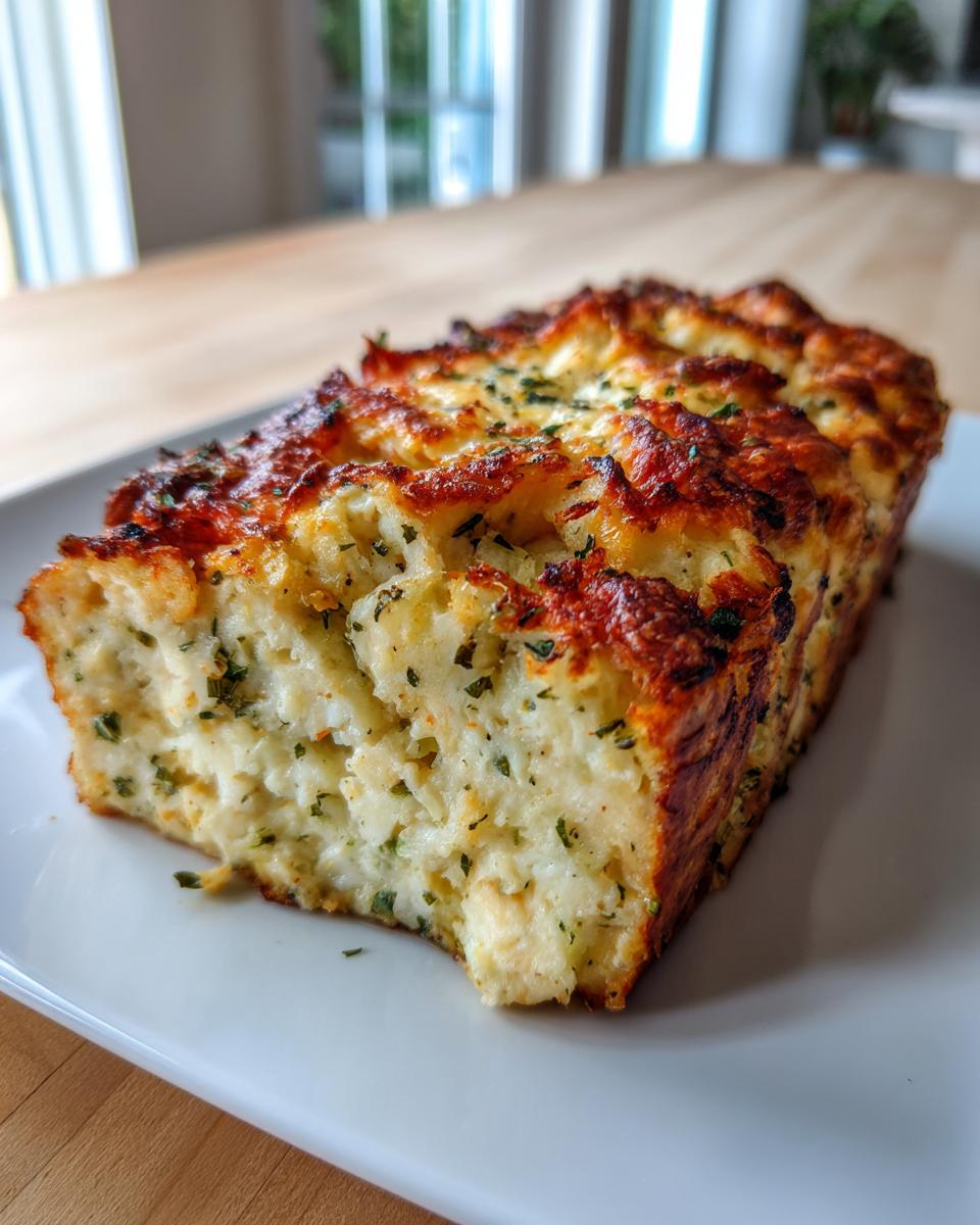 A slice of savory Garlic Parmesan meatloaf with a bubbly, browned cheese topping and visible herbs.
