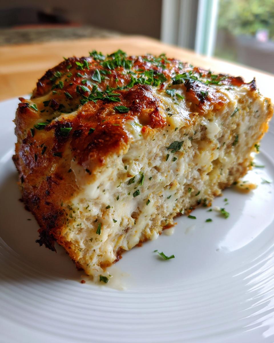 A moist slice of garlic parmesan meatloaf topped with browned cheese and fresh parsley, served on a white plate.