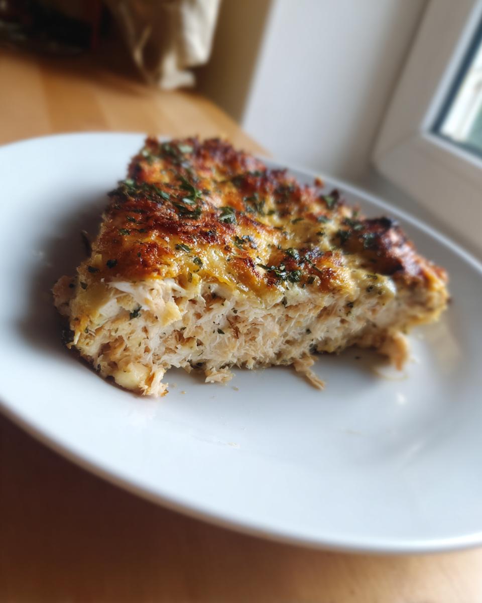 A close-up slice of moist meatloaf topped with a golden, cheesy garlic parmesan crust and fresh herbs.