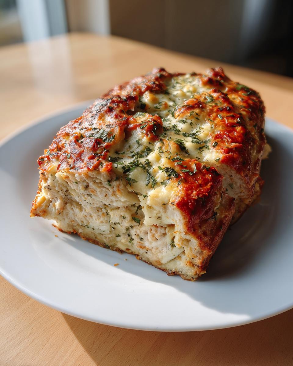 A thick slice of Garlic Parmesan meatloaf topped with melted cheese and fresh parsley, served on a white plate.