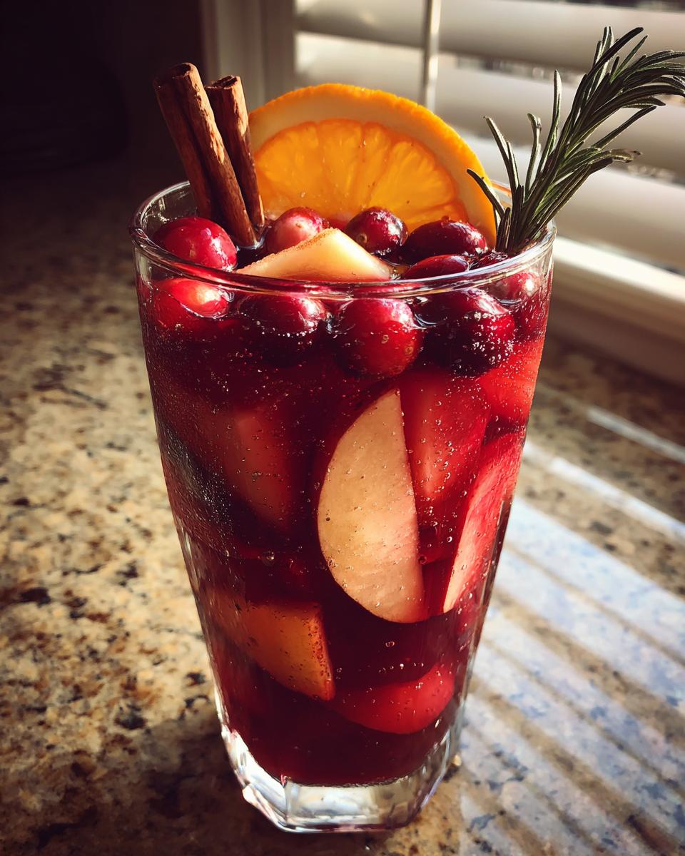 A tall glass filled with festive Christmas sangria, garnished with cranberries, apple slices, cinnamon sticks, and rosemary.