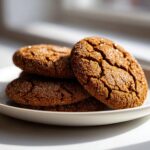 A stack of four rich, dark brown ginger molasses cookies coated in sparkling sugar, resting on a white plate.