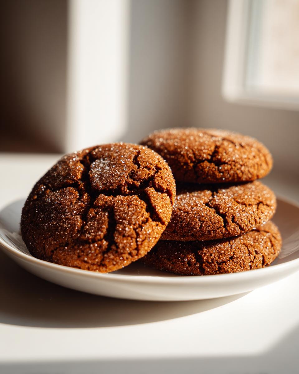 A stack of four rich, dark ginger molasses cookies, coated in sparkling sugar, resting on a white plate.
