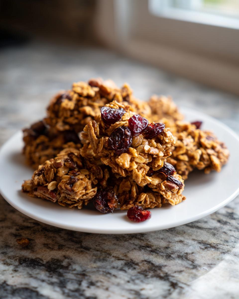 Close-up of crunchy gingerbread granola clusters topped with dried cranberries on a white plate.