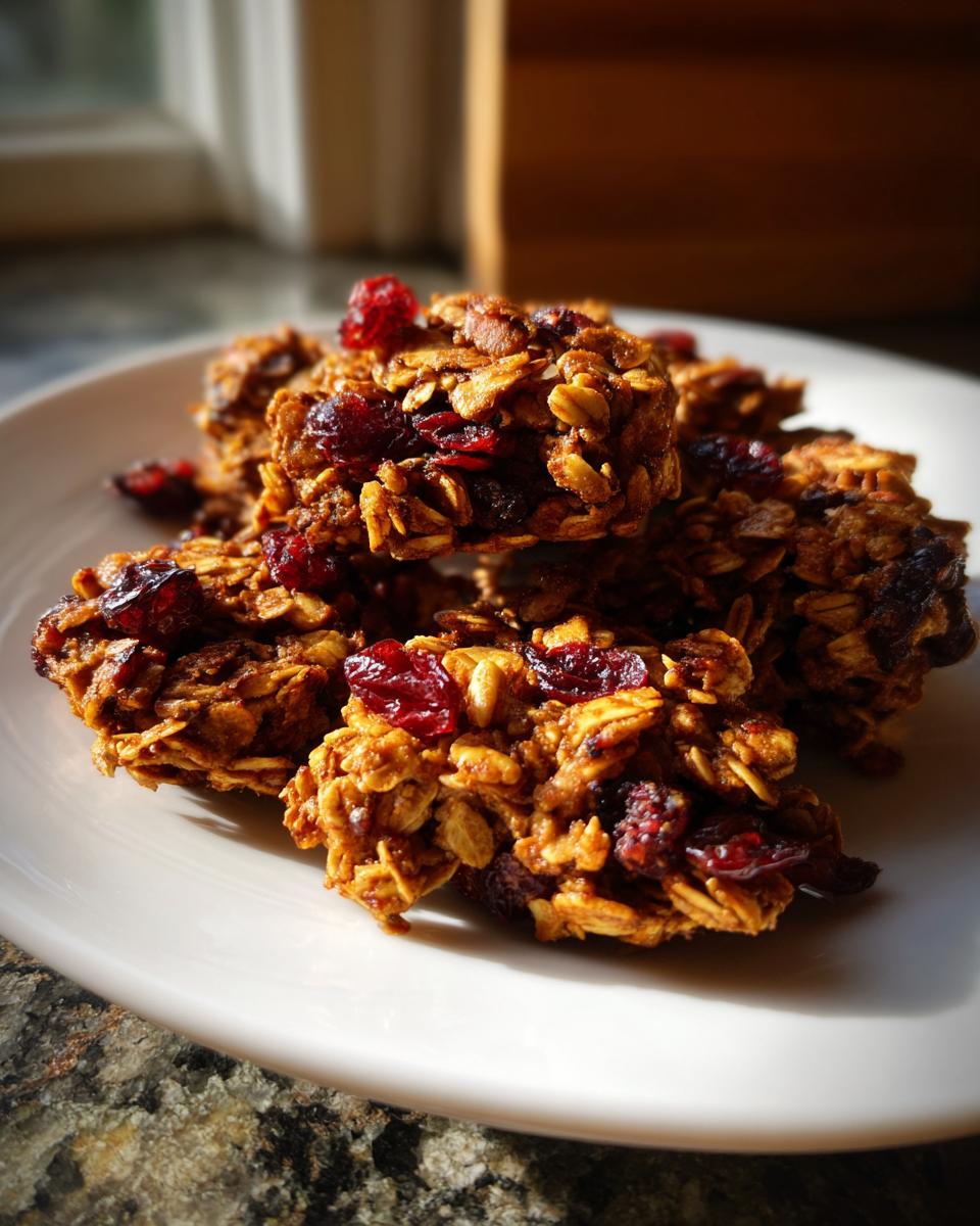 Close-up of crunchy gingerbread granola clusters mixed with dried cranberries on a white plate.