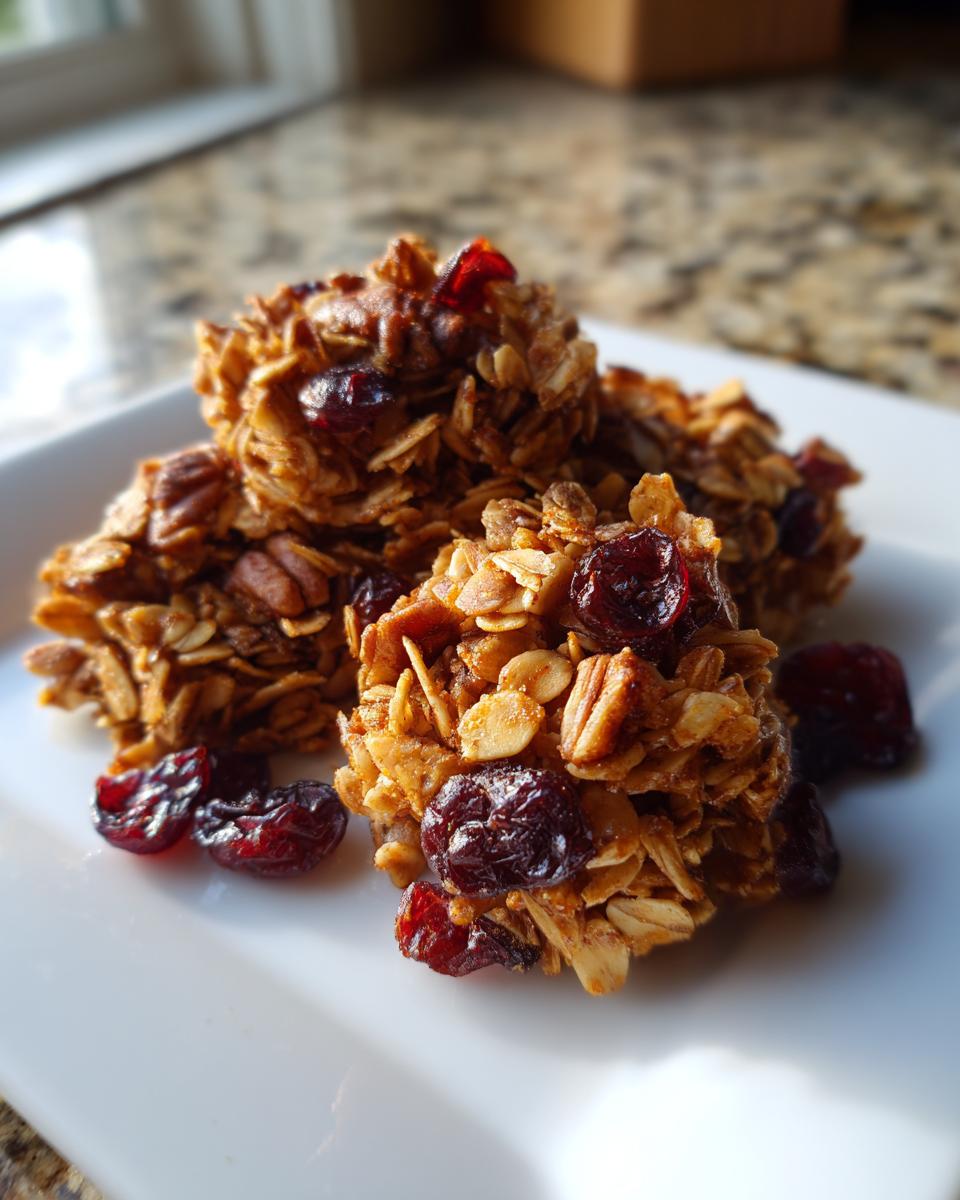 Four clusters of homemade gingerbread granola, studded with dried cranberries and pecans, served on a white plate.