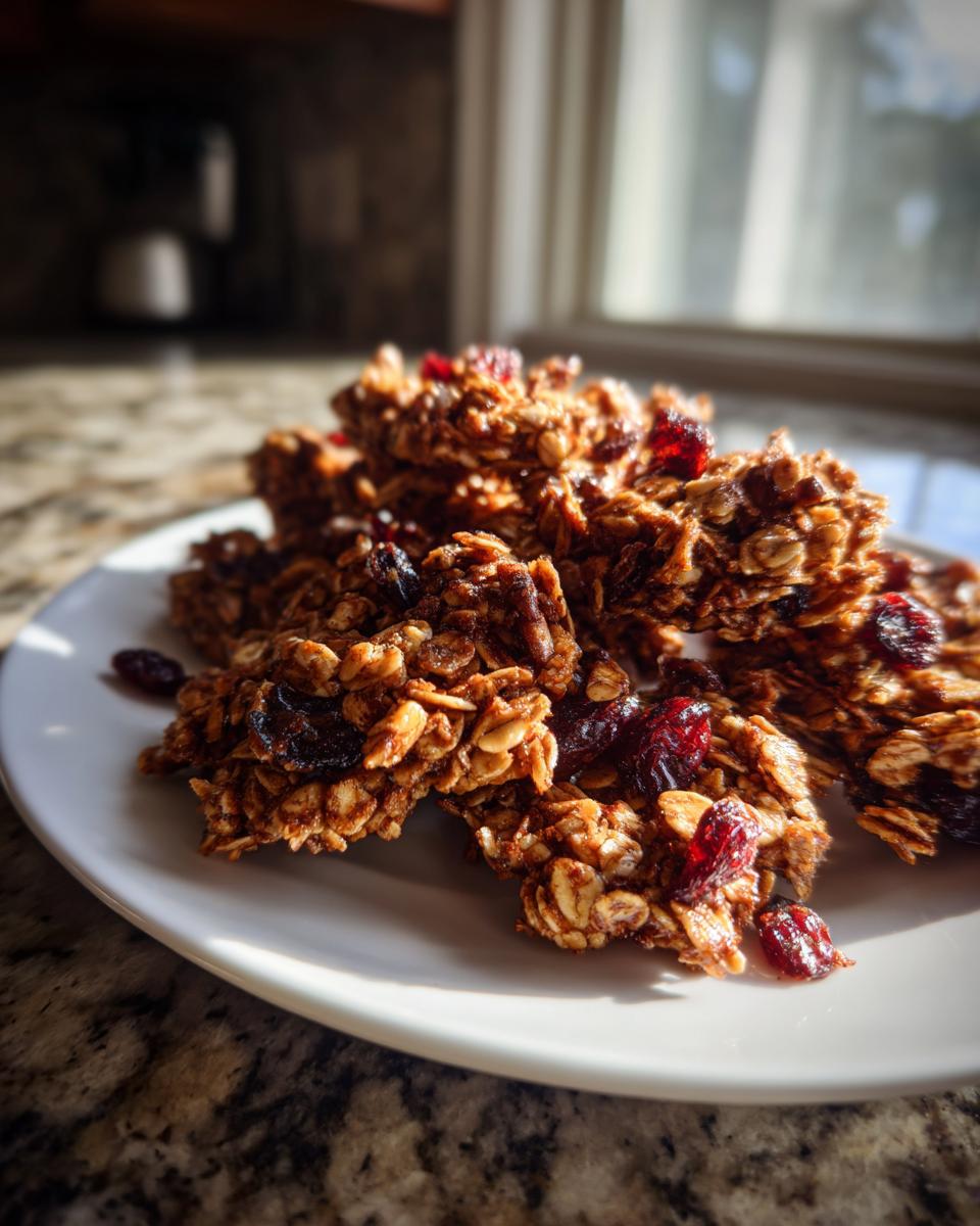 Close-up of crunchy gingerbread granola clusters mixed with dried cranberries on a white plate.