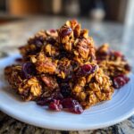 Close-up of crunchy gingerbread granola clusters mixed with pecans and dried cranberries on a white plate.
