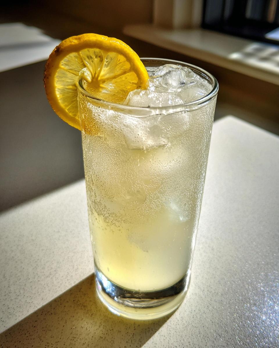 A tall glass filled with ice and bubbly homemade lemonade, garnished with a bright lemon slice.