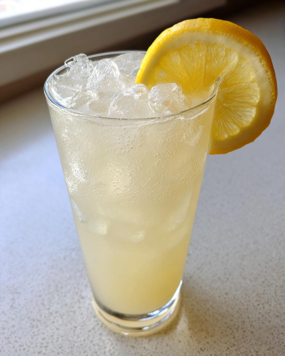 A tall, frosted glass filled with ice and refreshing homemade lemonade, garnished with a lemon slice.