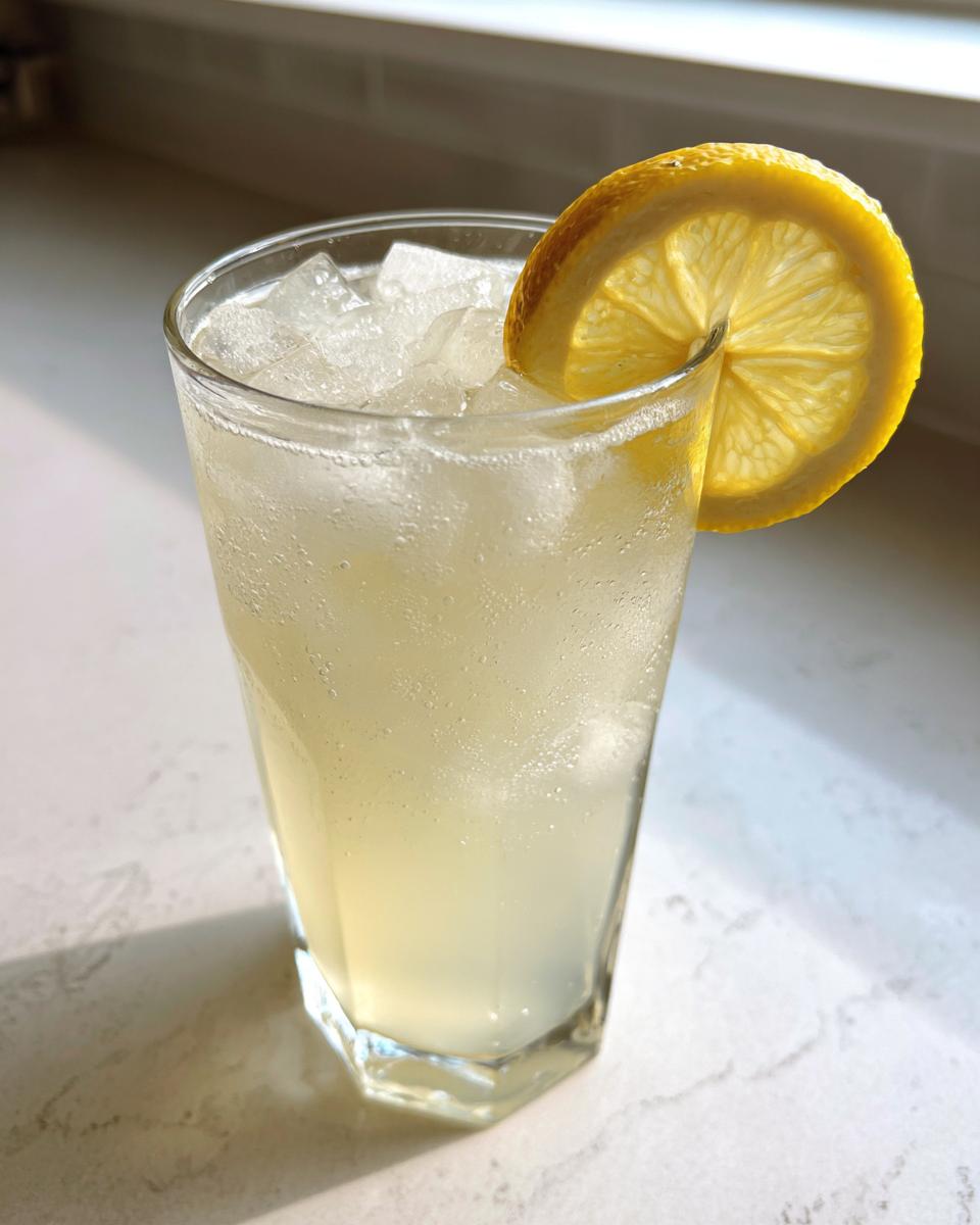A tall glass filled with ice and homemade lemonade, garnished with a bright lemon slice.