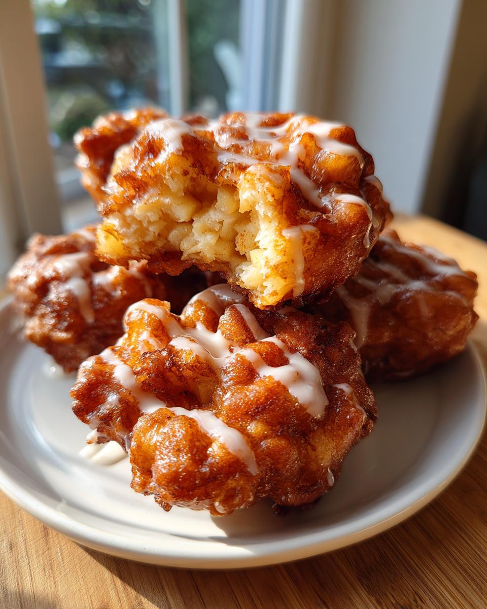 A stack of golden brown, glazed apple fritter pastries, with one on top showing a bite taken out to reveal the soft apple filling.
