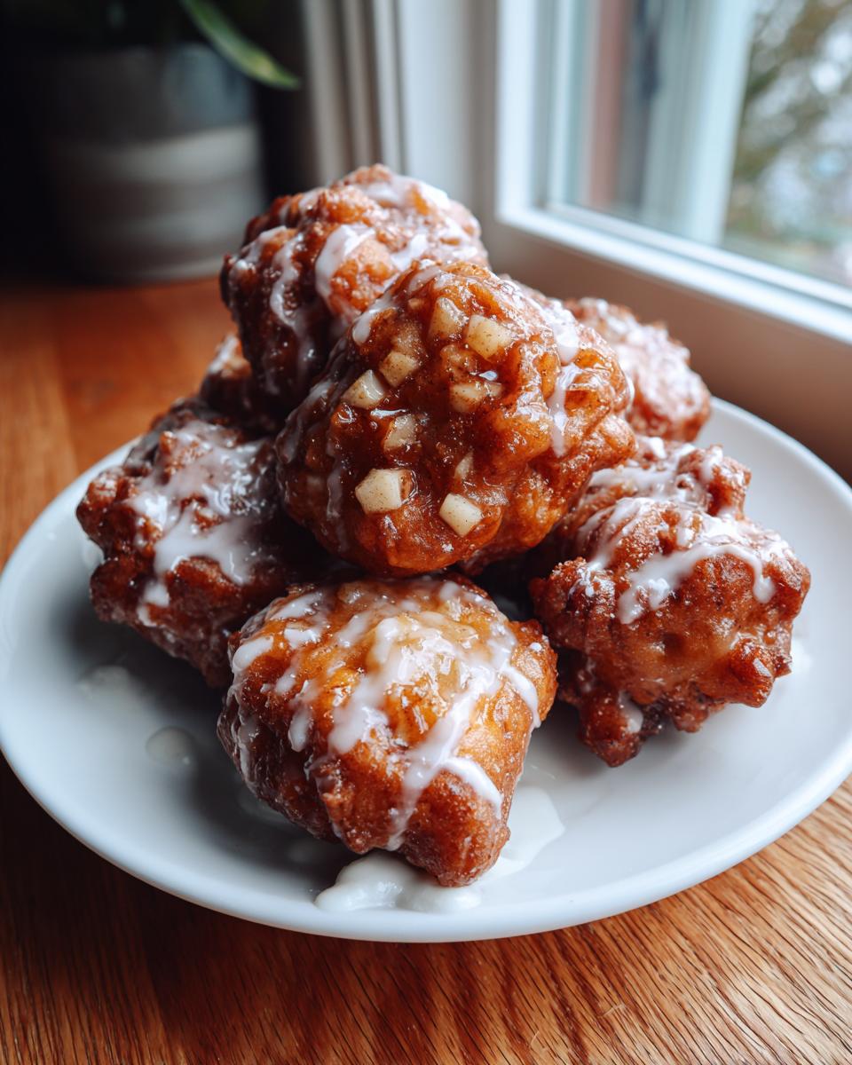 A pile of freshly fried, glazed apple fritter bites with visible apple chunks, served on a white plate.