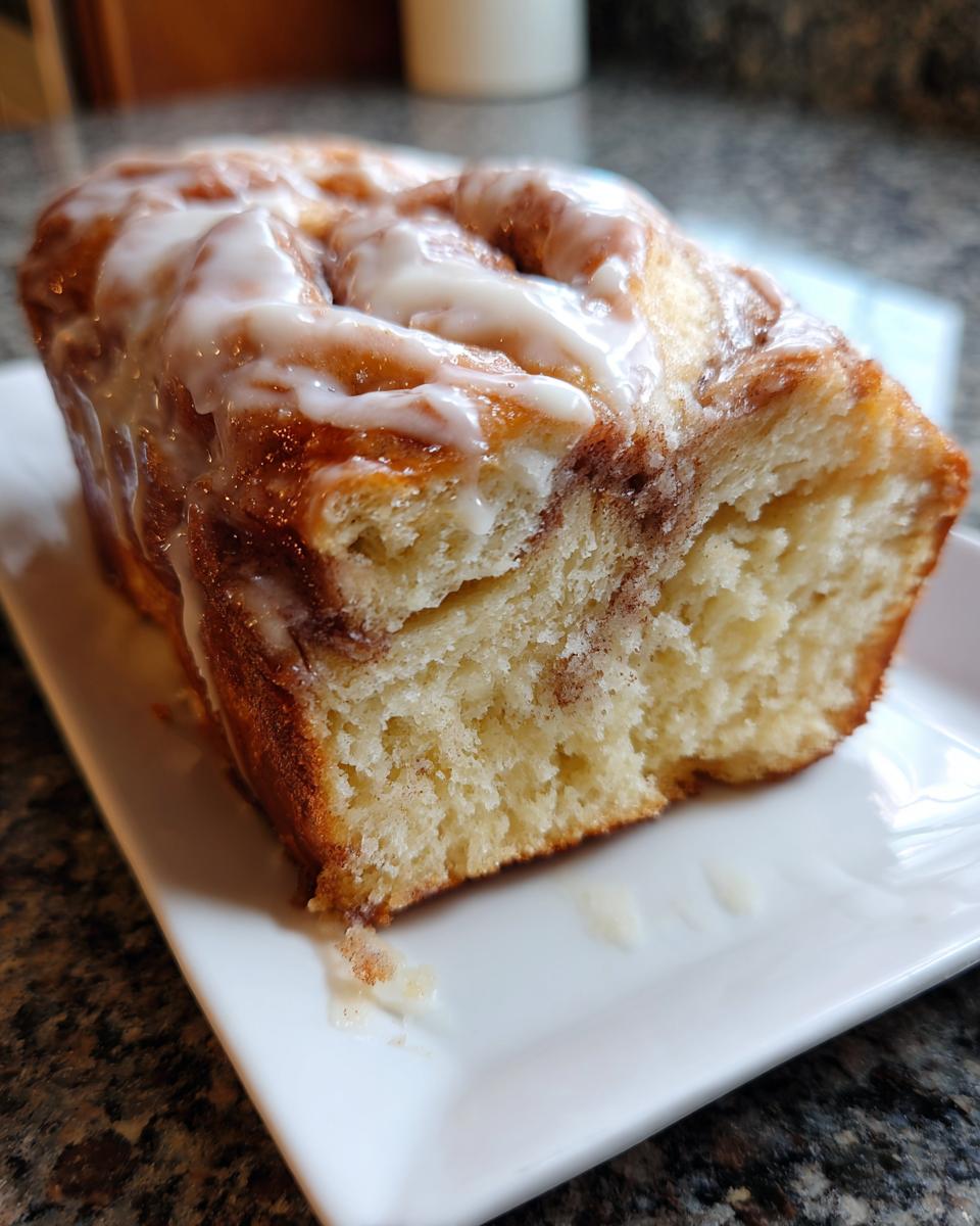 Close-up of a slice of moist apple fritter bread loaf topped with thick white icing.