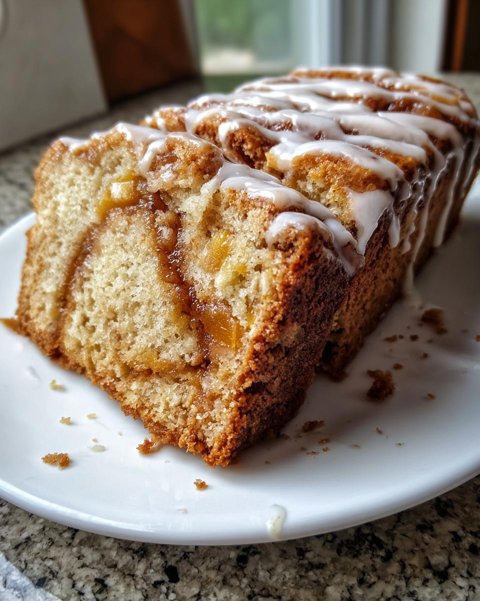 A close-up of sliced apple fritter bread drizzled with white icing, showing the cinnamon swirl inside.