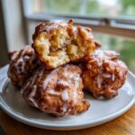 A stack of freshly glazed apple fritter pastries, with one broken open revealing soft dough and chunks of cooked apple inside.