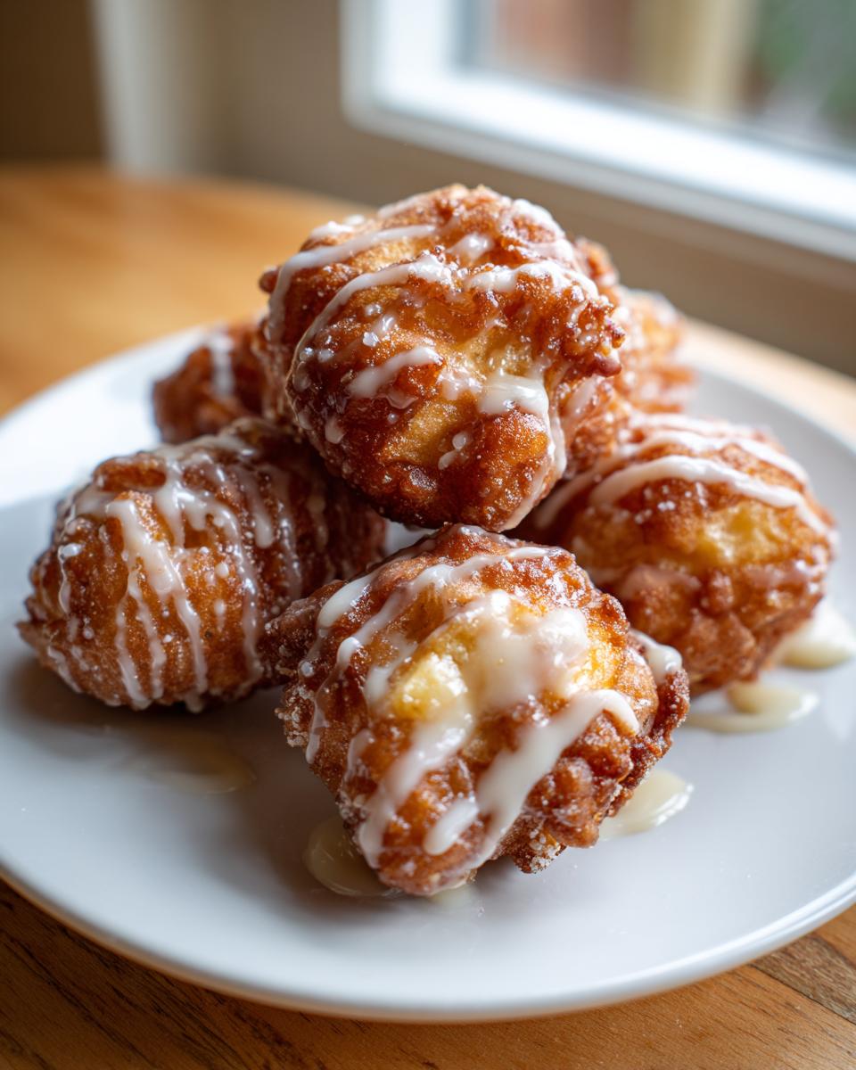 A stack of golden brown, freshly fried apple fritter pieces drizzled generously with white glaze.