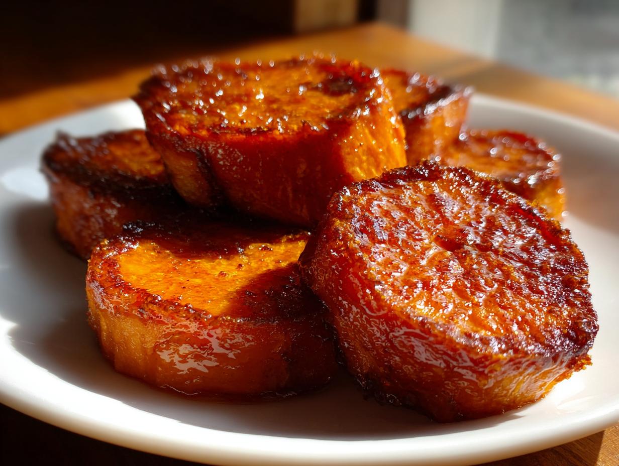 A close-up stack of glistening, caramelized candied sweet potatoes served on a white plate.