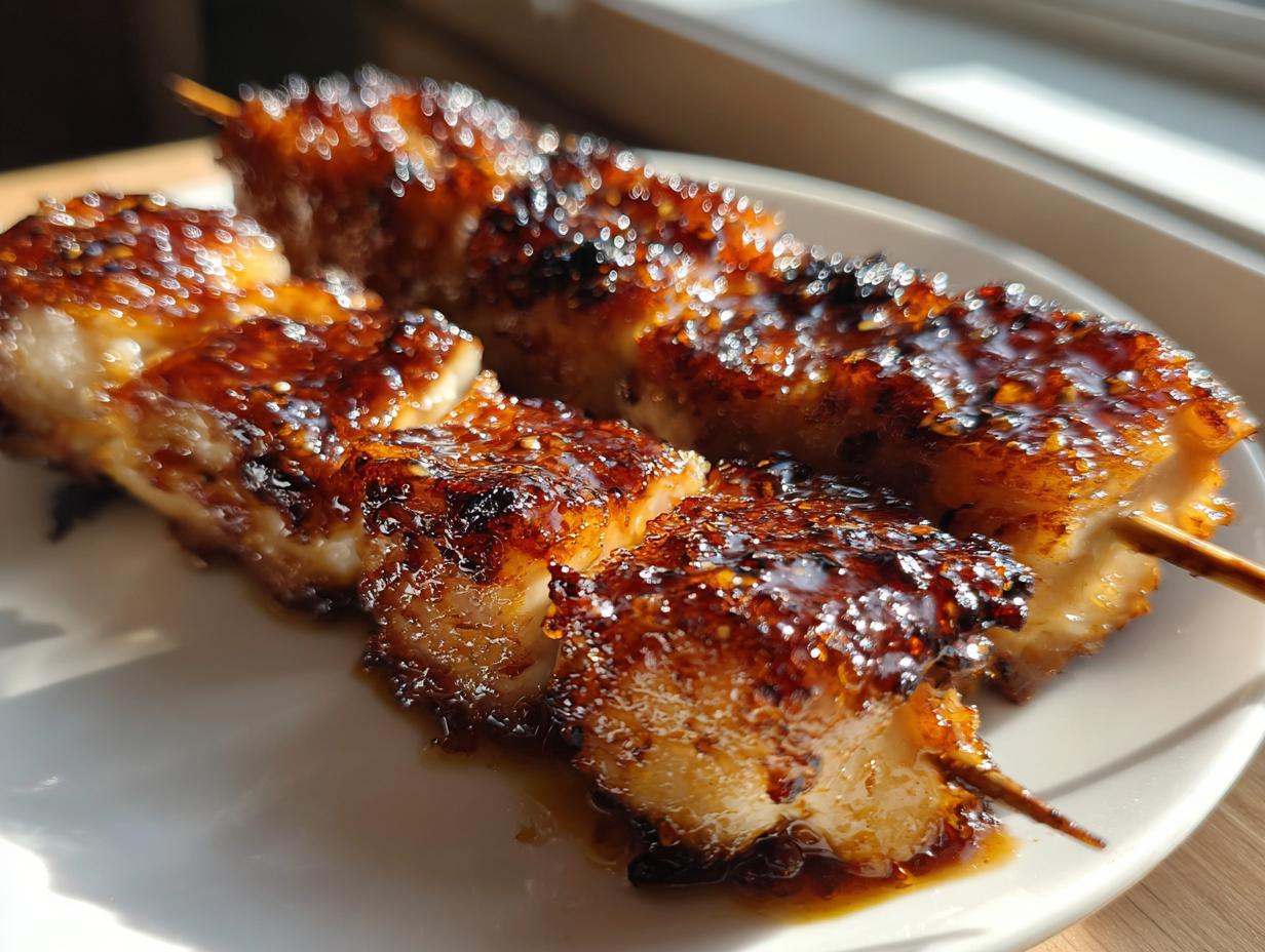 Close-up of two delicious, glazed chicken skewers with a dark, shiny, caramelized coating resting on a white plate.