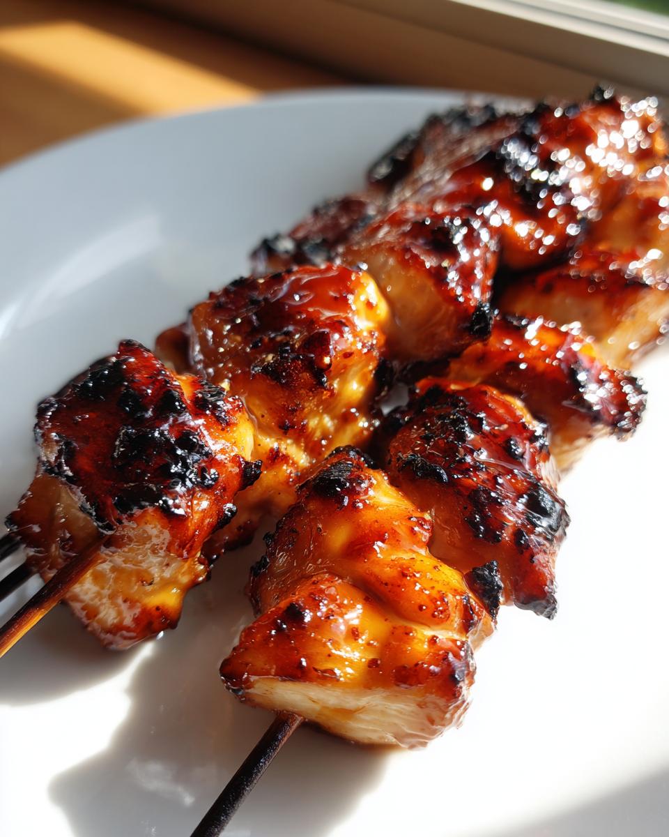 Close-up of two skewers loaded with juicy, glazed, and slightly charred chicken skewers on a white plate.