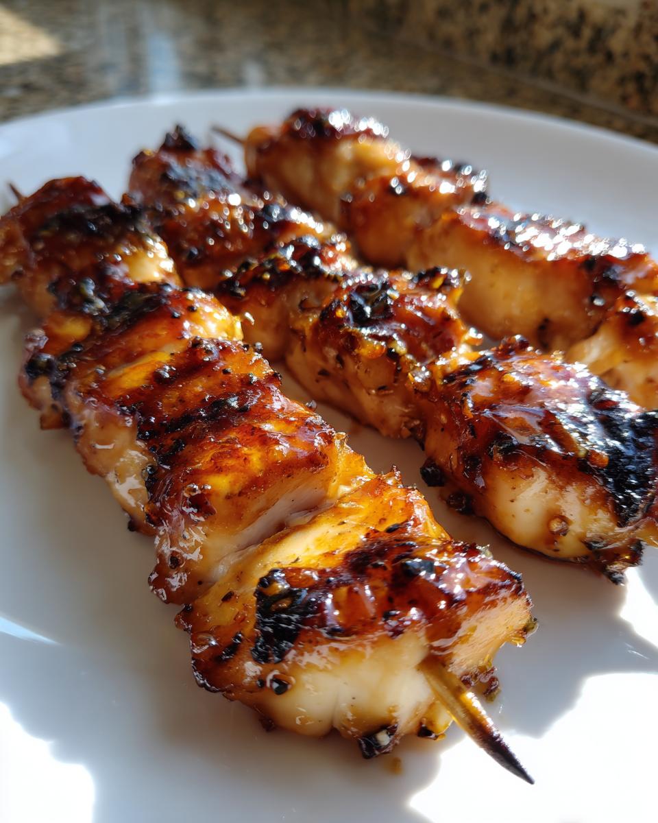 Close-up of three glazed and slightly charred chicken skewers resting on a white plate, highlighting the sticky marinade.