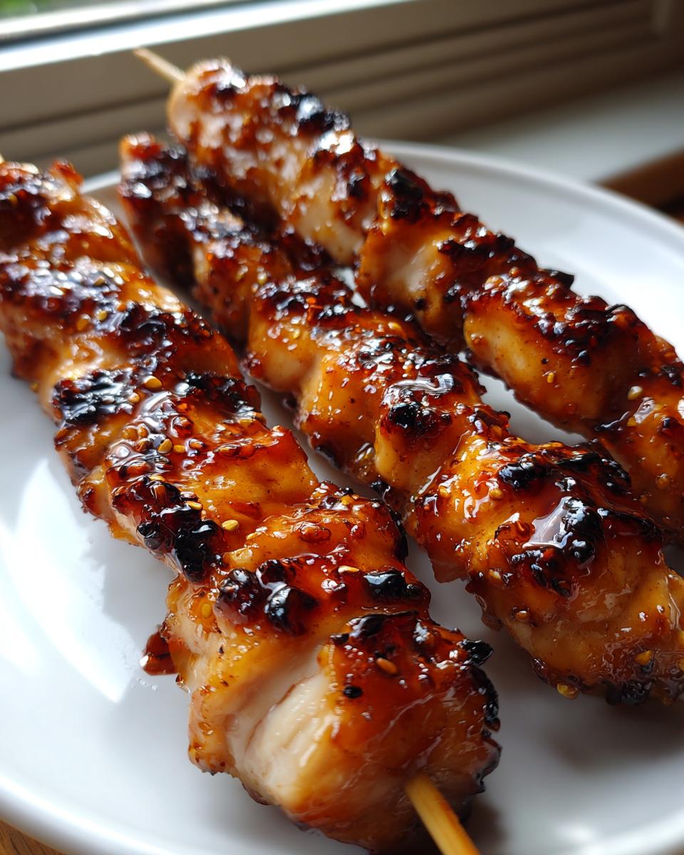 Close-up of three perfectly grilled, sticky, and glazed chicken skewers seasoned with sesame seeds.