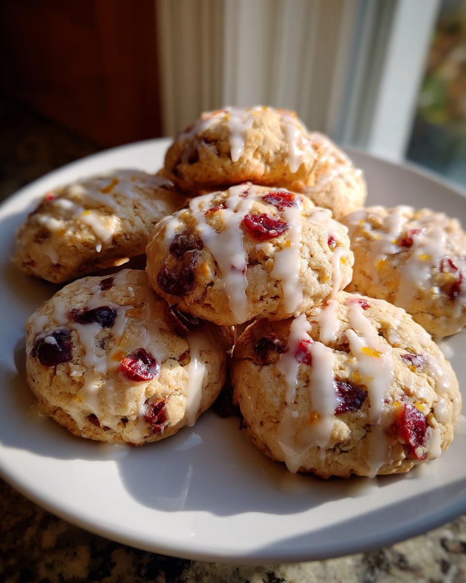 A stack of soft cranberry orange cookies drizzled with white glaze and visible orange zest.