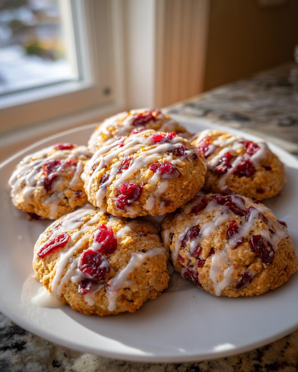 A stack of freshly baked cranberry orange cookies drizzled with white icing, sitting on a white plate near a window.