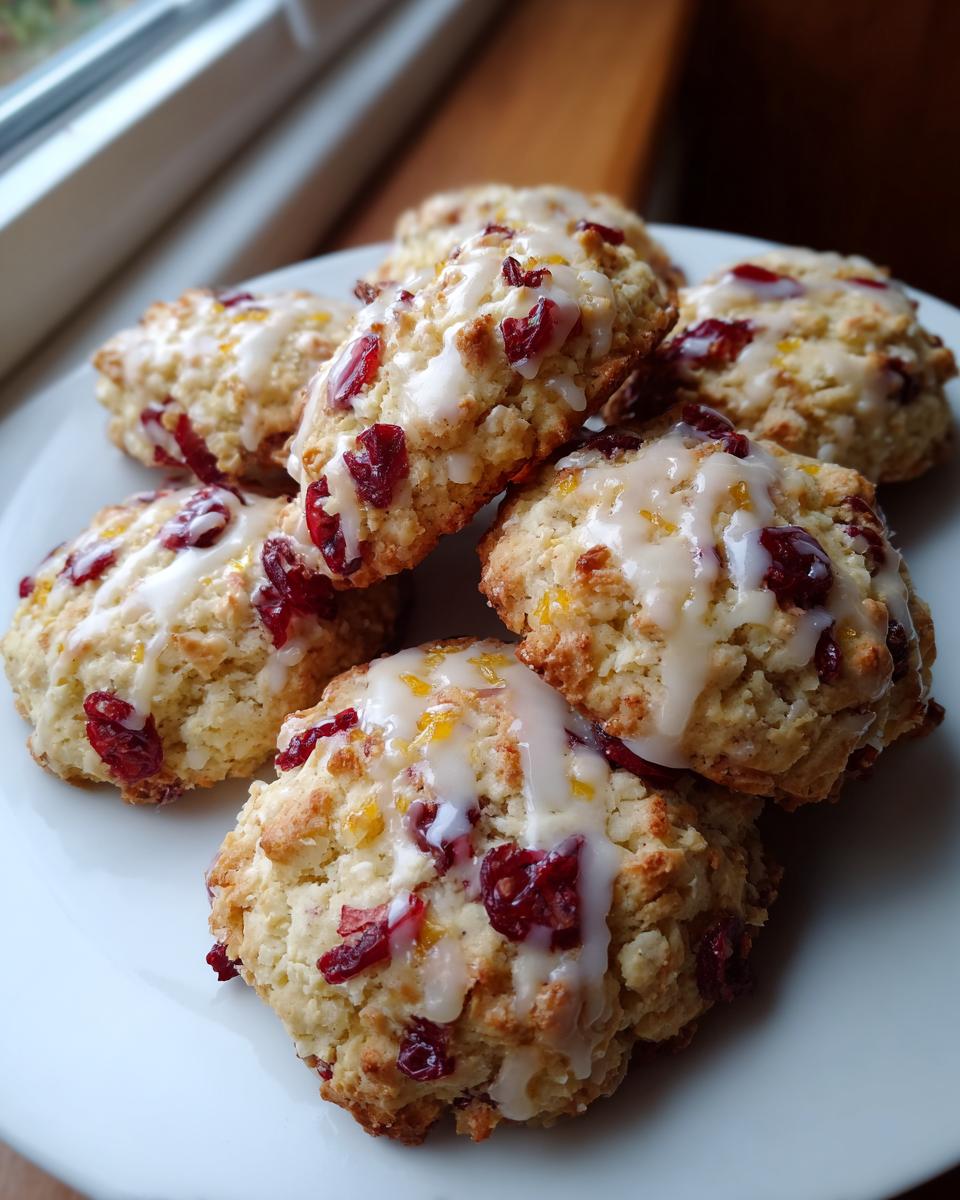A stack of freshly baked cranberry orange cookies topped with a white citrus glaze, resting on a white plate.