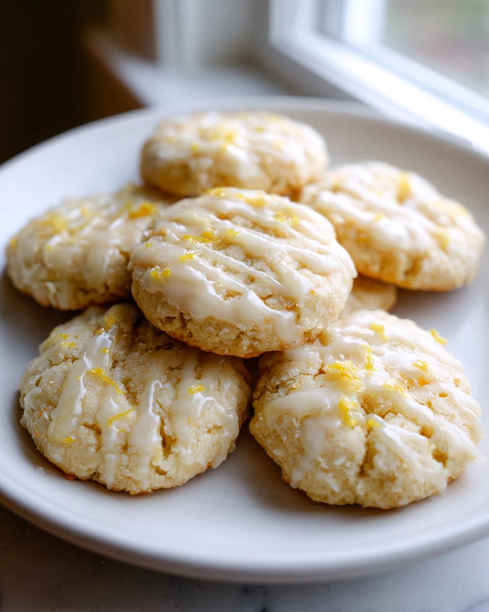 A stack of soft, glazed earl grey cookies topped with bright yellow lemon zest, resting on a white plate near a window.