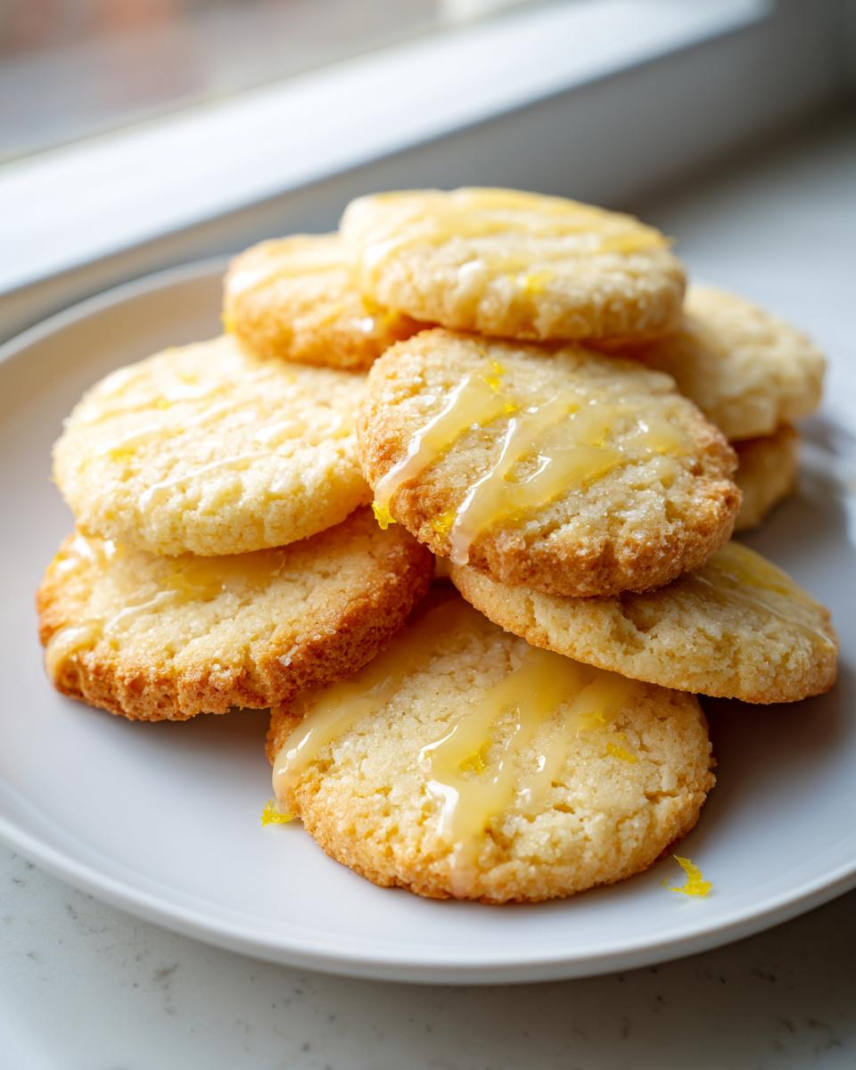 A stack of golden brown earl grey cookies drizzled with a light yellow glaze and lemon zest.